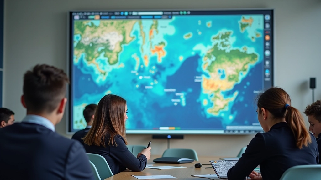 Klassiruumi tabel seinal koos satelliidiandmete kujutistega, nooremad õpilased uurivad