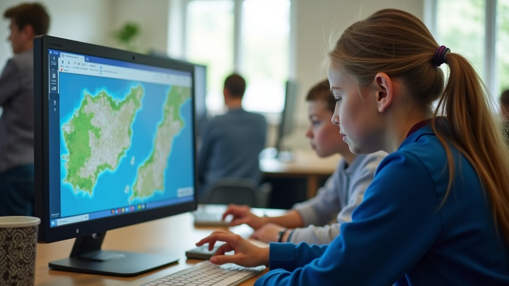 Koolilapsed täiskasvanu juhendamisel arvutiga töötavad, ekraanil näha kosmoseteemaline kaart